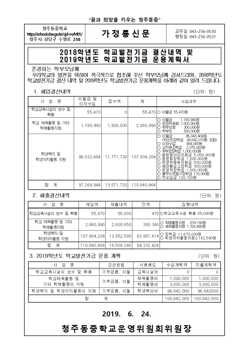2018학년도발전기금결산내역및2019학년도발전기금운용계획서가정통신문001