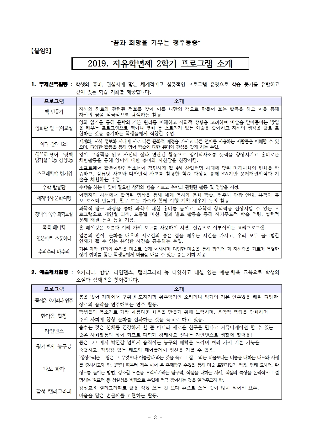 2019. 자유학년제 운영 안내 및 주제선택활동 수강신청 가정통신문004