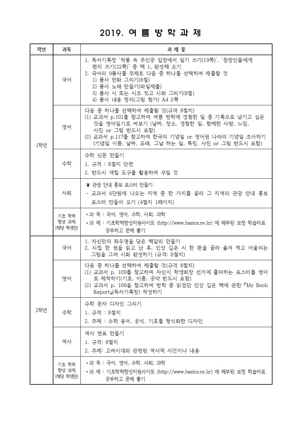 2019. 여름방학과제(전학년)001