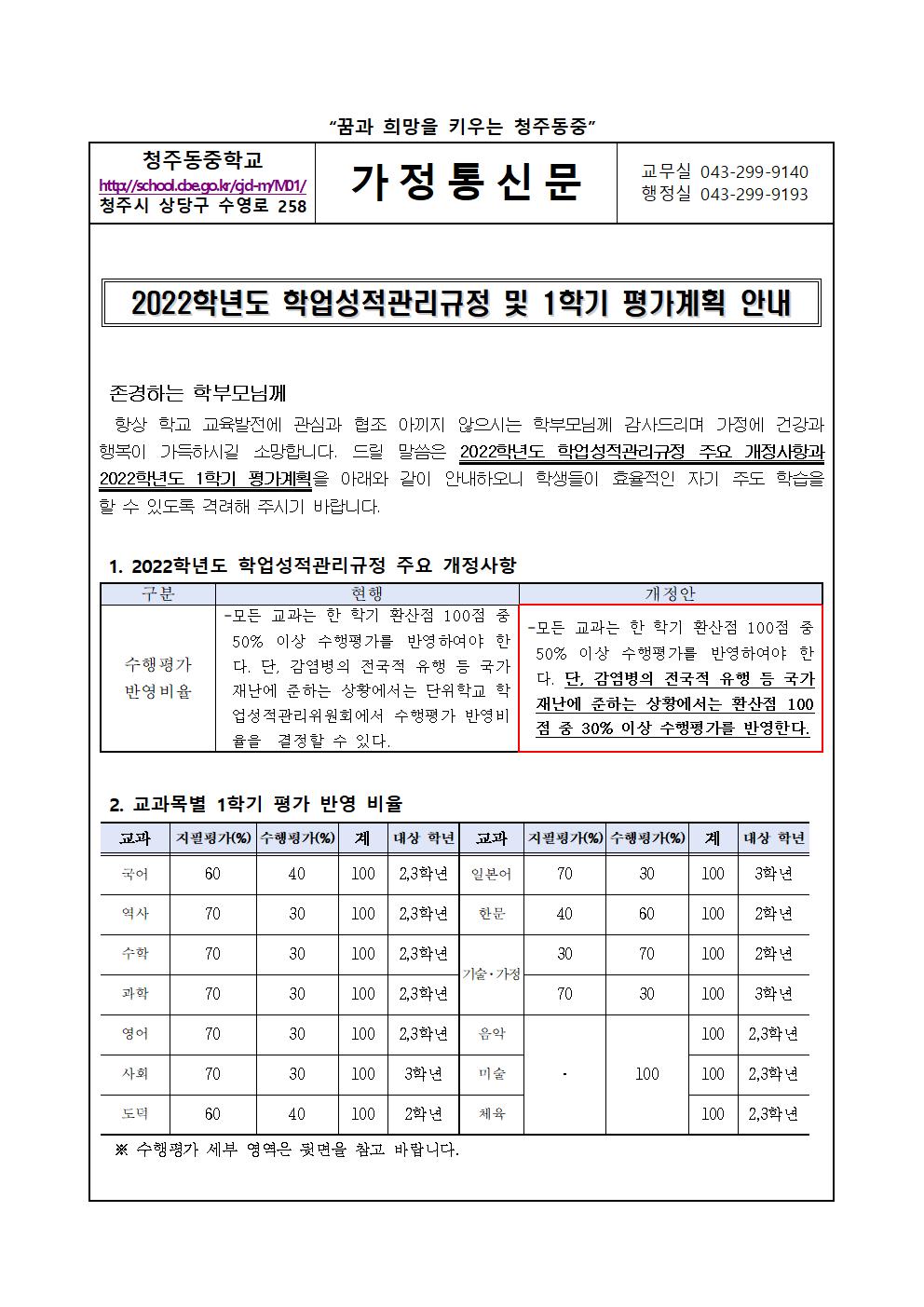 2022. 1학기 평가계획 안내 가정통신문001