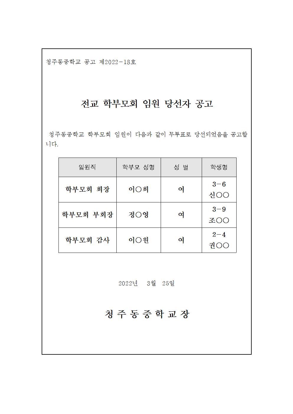 학부모회 임원 당선자 공고문001