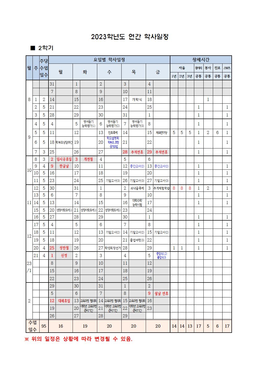 2023학년도 2학기 학사일정 수정안001